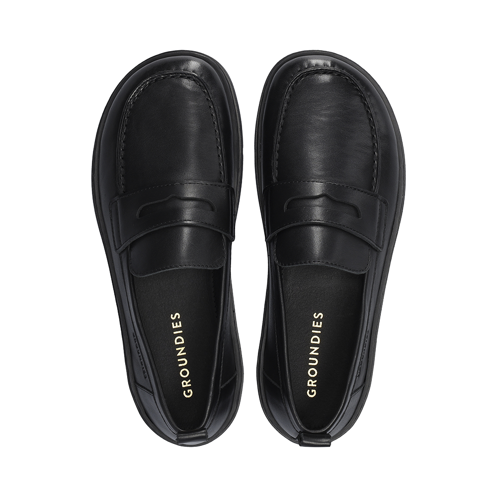 Groundies Brisbane black loafers, top view showing rounded toes and insoles