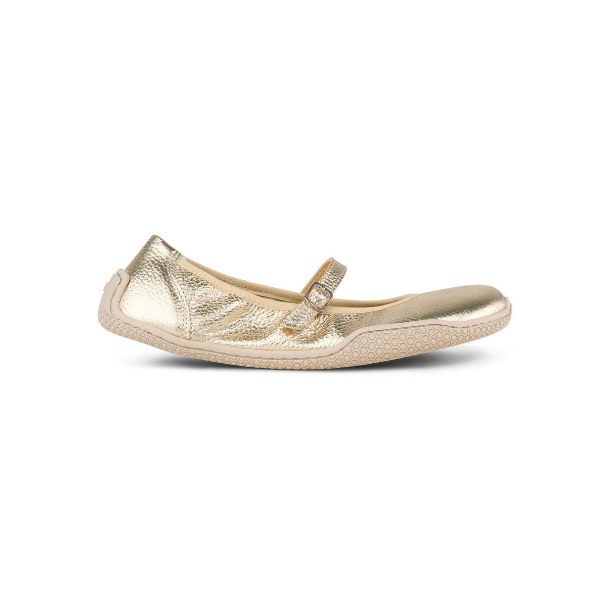 KOEL metallic gold Mary Jane flat with a single strap and flexible patterned sole