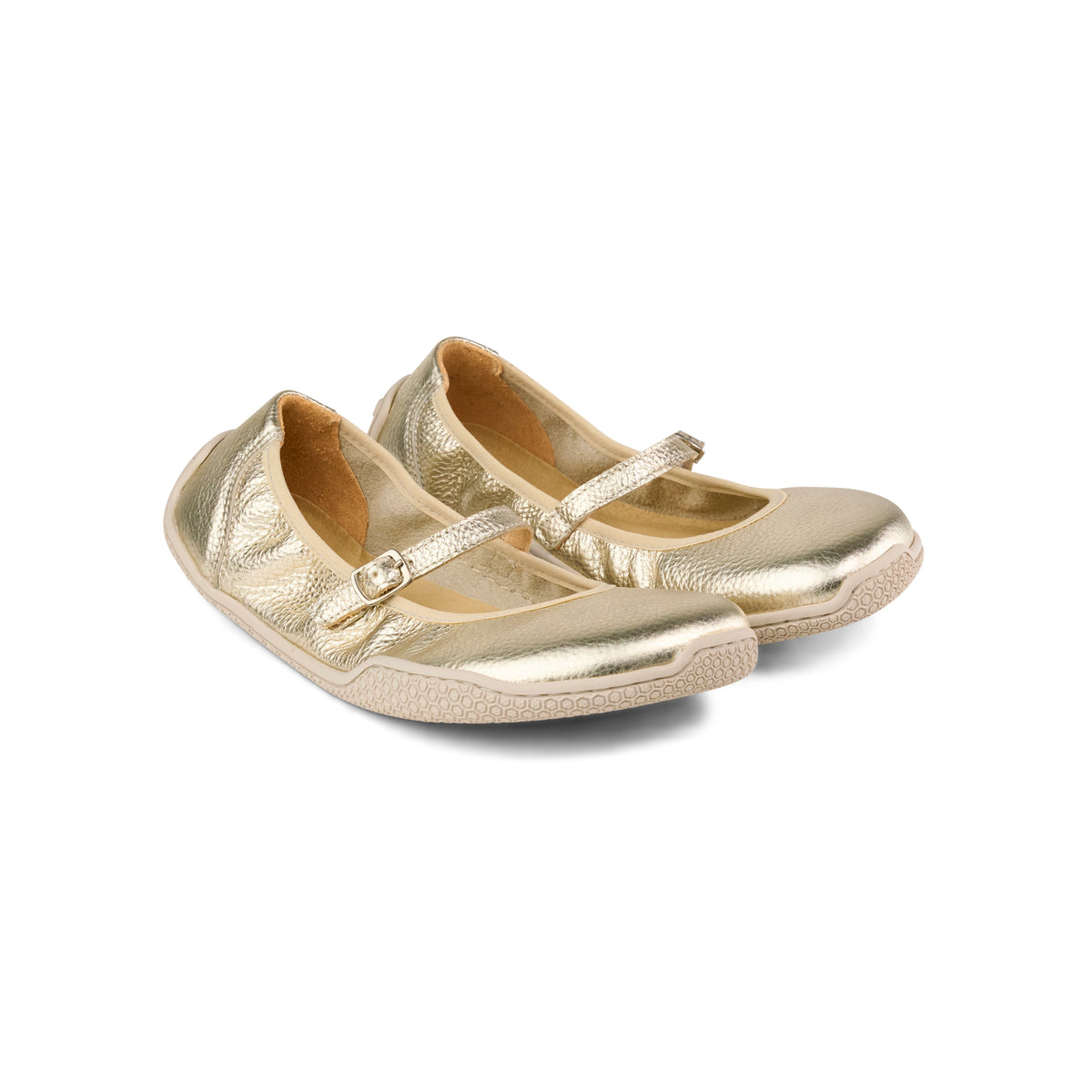 Pair of KOEL metallic gold Mary Jane flats with buckle straps