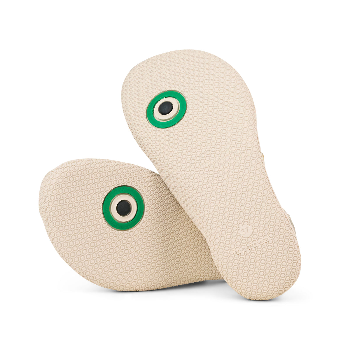 KOEL flat shoe soles with patterned tread and green grounding contact inserts