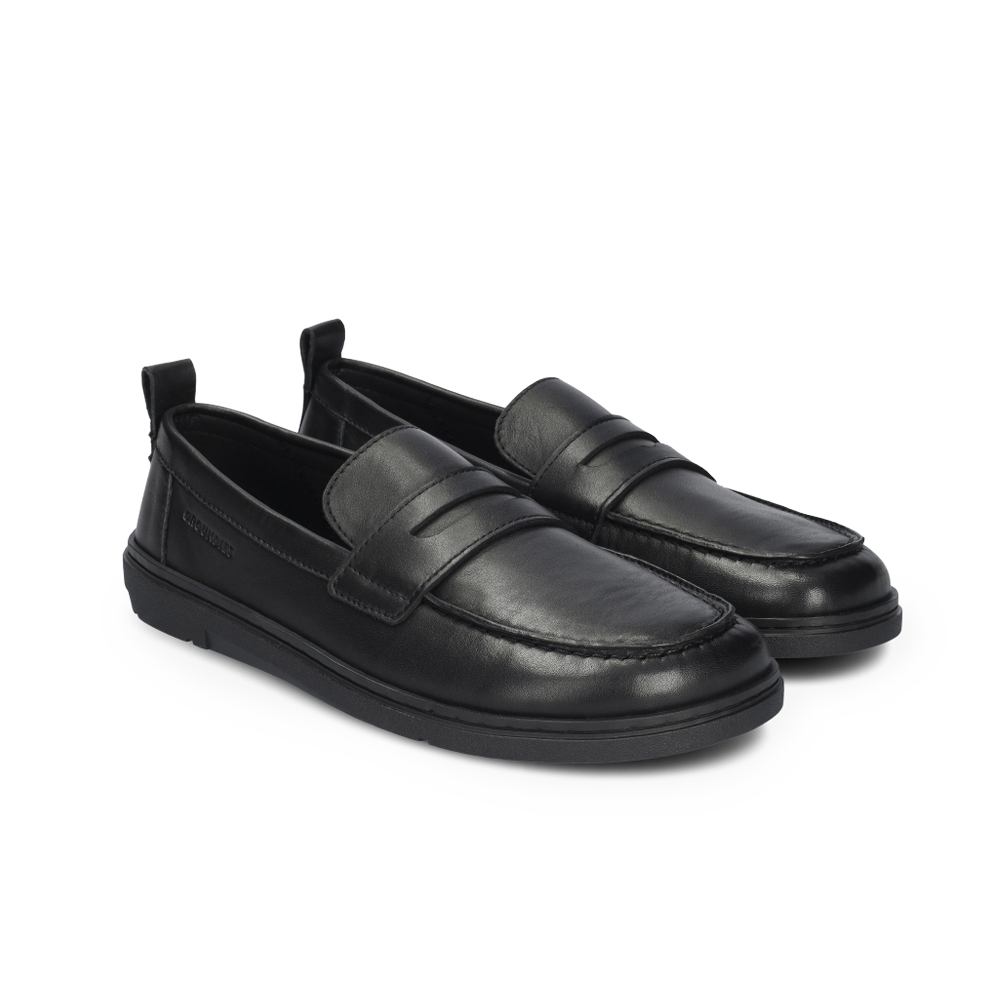 Groundies Brisbane black loafers with penny straps, shown as a pair
