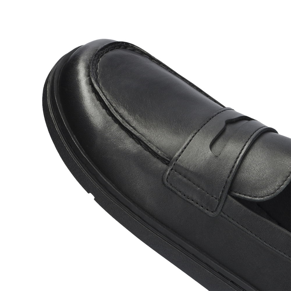 Groundies Brisbane black loafer close-up showing moc toe stitching and penny strap