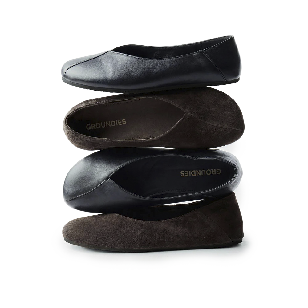 Groundies Curve flats shown from side and top, with dark brown suede uppers