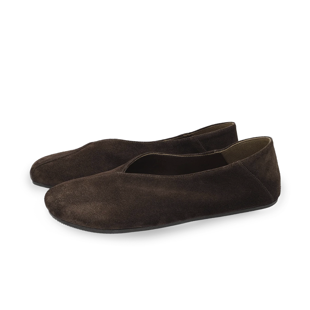 Pair of Groundies Curve dark brown women's flats with rounded toes