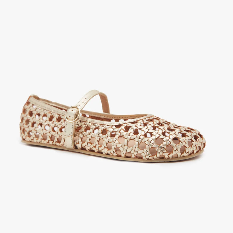 Woven ballerina flats side view with strap and gold buckle, cream and tan mosaic