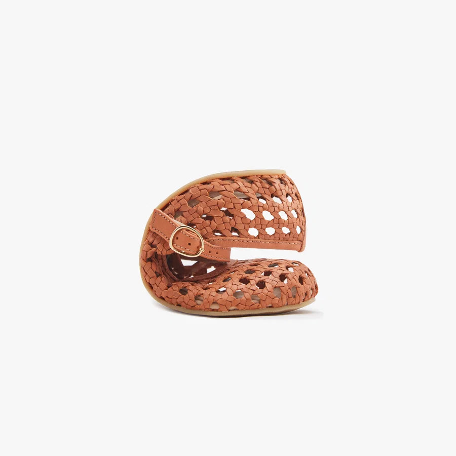 Woven ballerina flat with cutout upper, ankle strap, rust brown