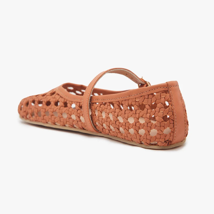 Woven ballet flat with ankle strap, rust brown, rounded toe and low profile