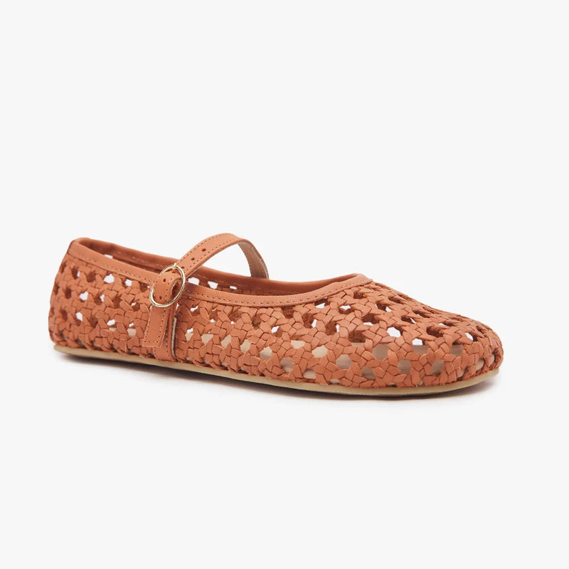 Woven rust-brown ballet flat with ankle strap and metal buckle, side angle