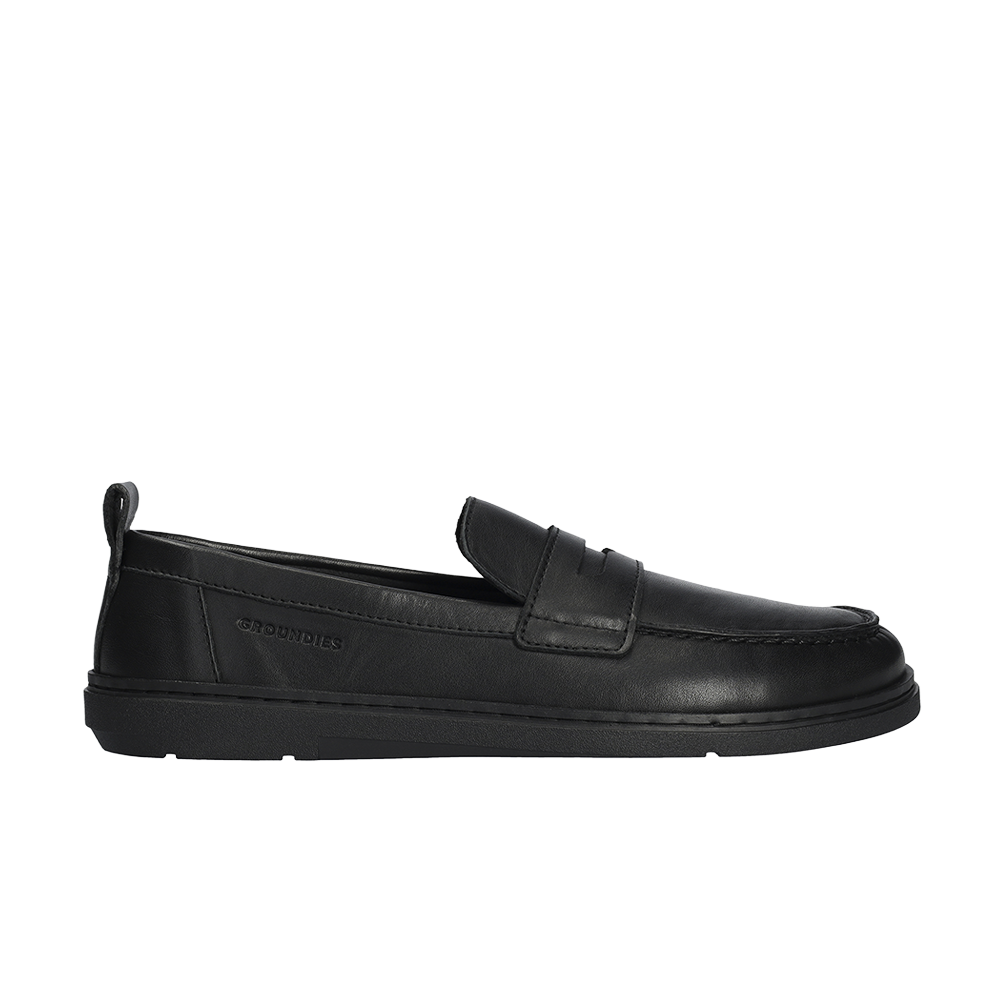 Groundies Brisbane black loafer with penny strap and stitched moc toe, side view