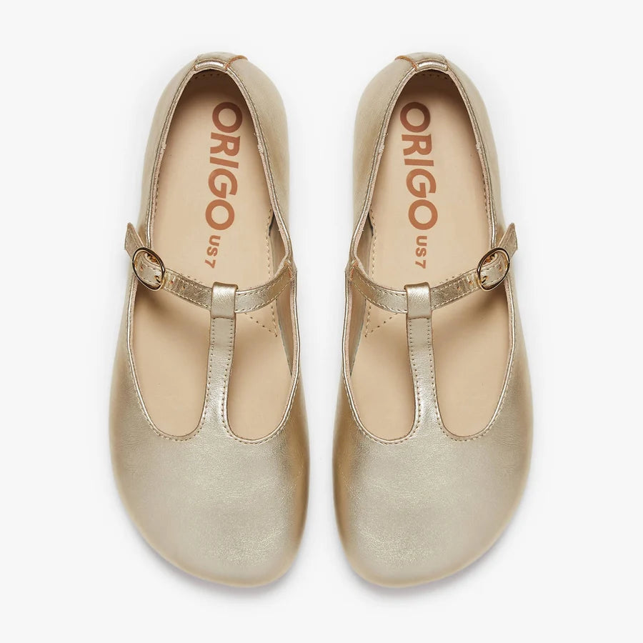 Women's T-strap ballet flat pair, metallic gold uppers with buckle detail