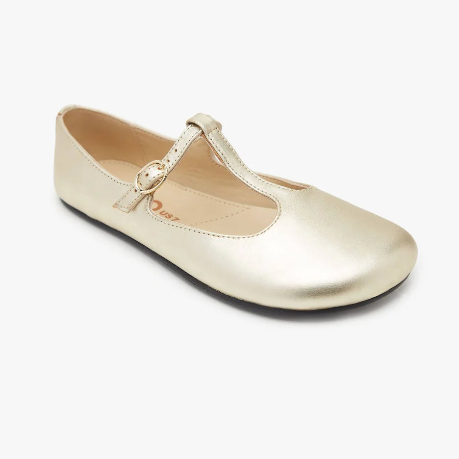 Women's T-strap ballet flat, metallic gold, top and quarter view with round toe