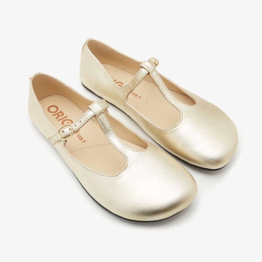 Women's T-strap ballet flat pair, metallic gold, front angle showing T strap