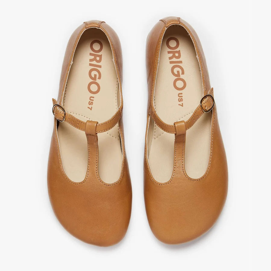 Origo women's tan T-strap flats with Origo logo on insole and buckle strap