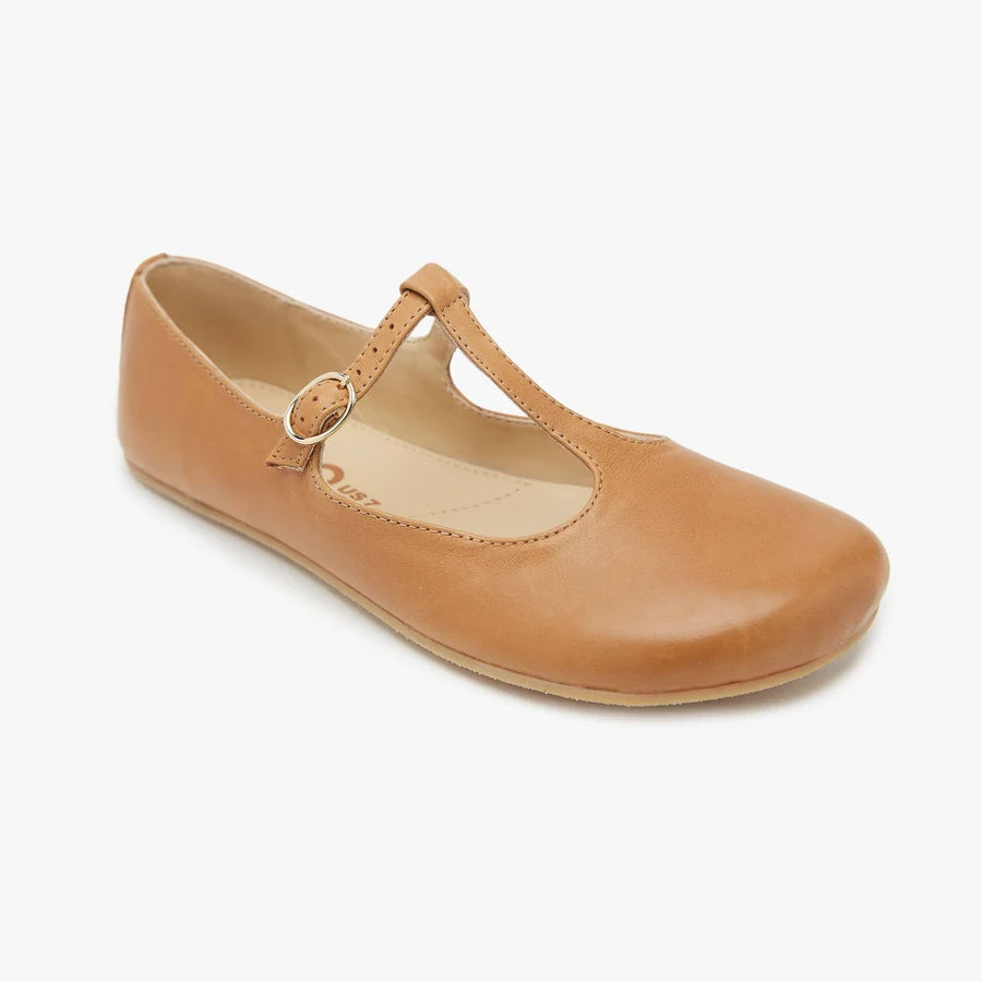 Origo women's tan T-strap flats, round toe with stitched topline and buckle