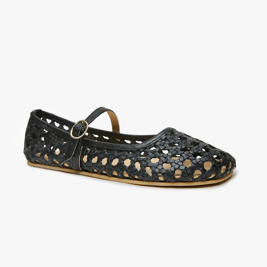 Origo women's woven ballerina shoes, dark black, round toe, buckle strap detail