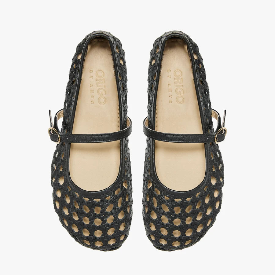 Pair of Origo woven ballerina flats, dark black, round toe, insole branding visible