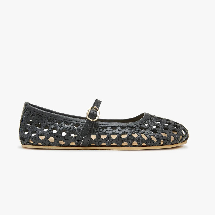 Origo women's woven ballerina shoes, side view, dark black with round toe strap